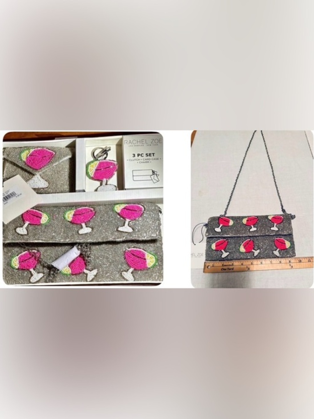 NWT RachelZoe Beaded 3pc set Margarita glass Clutch-Coin Purse & Keychain charm